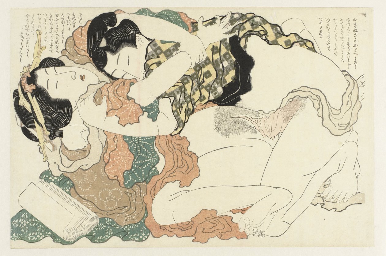 Muž a žena v teplém objetí Rostlina Adonis (název série) Fukujuso (název série) od Katsushika Hokusai
