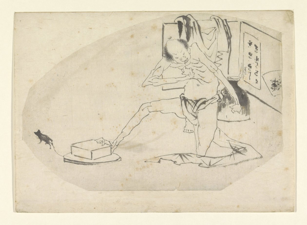 Muž v bederní roušce, krabici a myši od Katsushika Hokusai