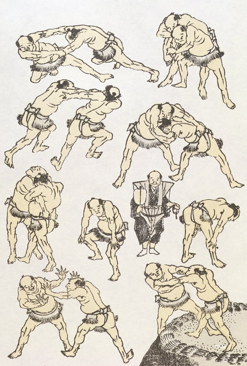 Manga: studie gest a postojů zápasníků, hospoda. 1849, (barevný dřevotisk) od Katsushika Hokusai