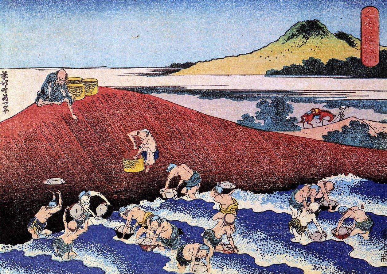 Tisíc pohledů na oceán, Japonsko: rybáři na břehu. (Tisk od Katsushika Hokusai