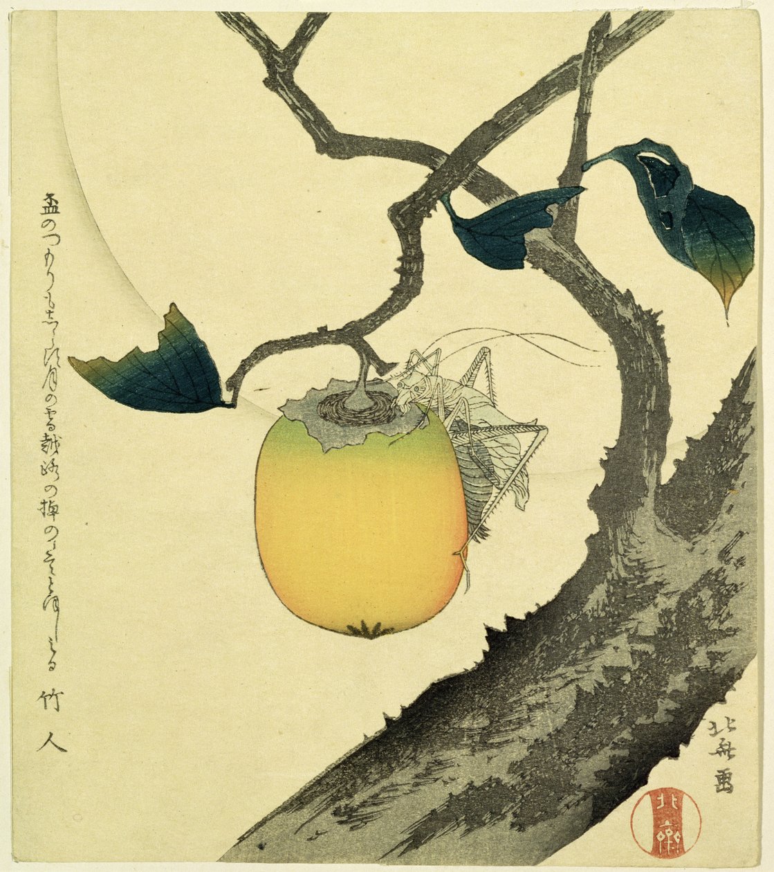 Měsíc, tomel a kobylka, 1807 (barevný dřevoryt) od Katsushika Hokusai