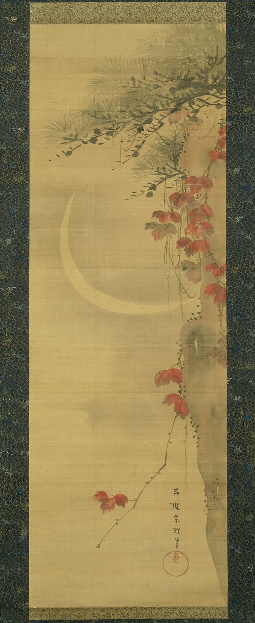 Měsíc, borovice a javor od Katsushika Hokusai