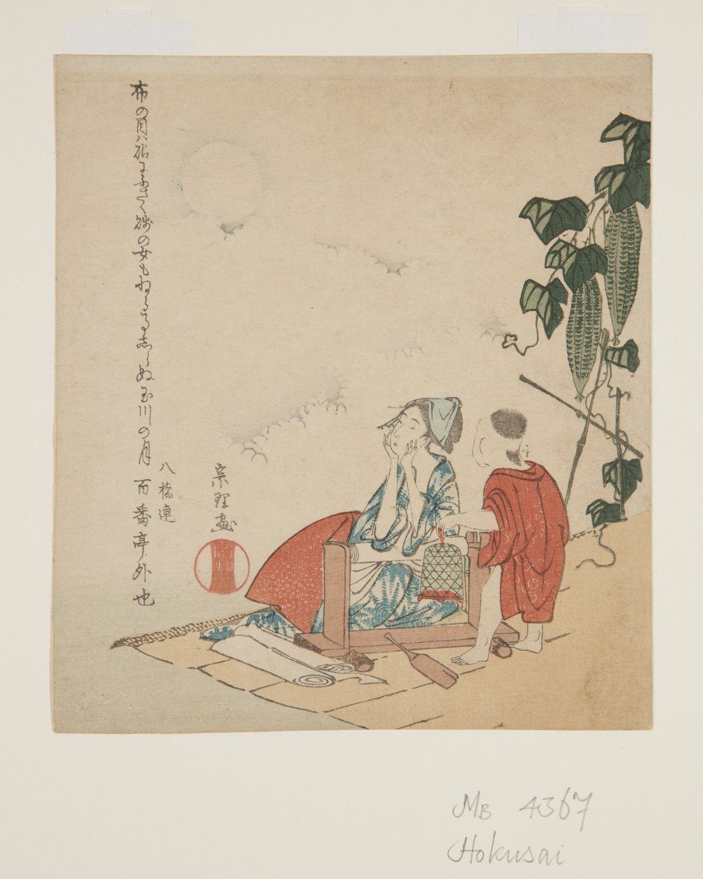 Matka a dítě od Gourd Trellis in Moonlight (barevný dřevořez) od Katsushika Hokusai