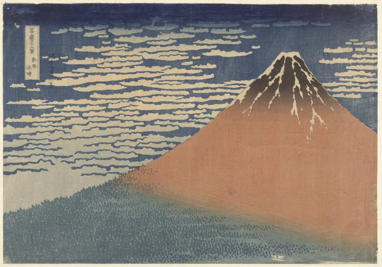 Hora Fudži za jasného počasí (známá také jako Červená Fudži), cca 1830 (dřevoryt) od Katsushika Hokusai