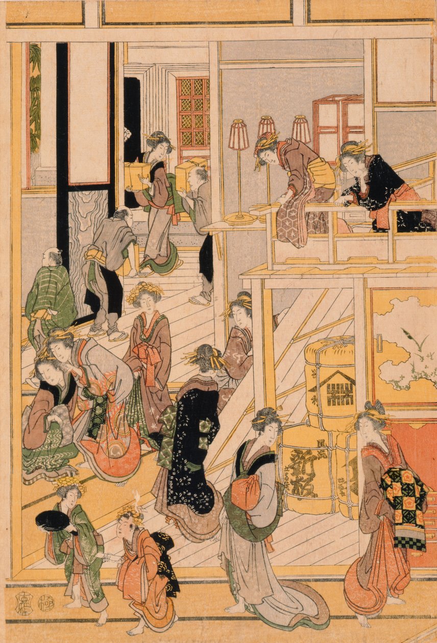 Nový rok v čajovně Ogi-ya. c.1810 (barevný dřevotisk) (set viz 277796-277798) od Katsushika Hokusai