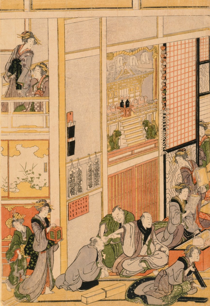 Nový rok v čajovně Ogi-ya. c.1810 (barevný dřevořez) (set viz 277765 & 277797-277798) od Katsushika Hokusai