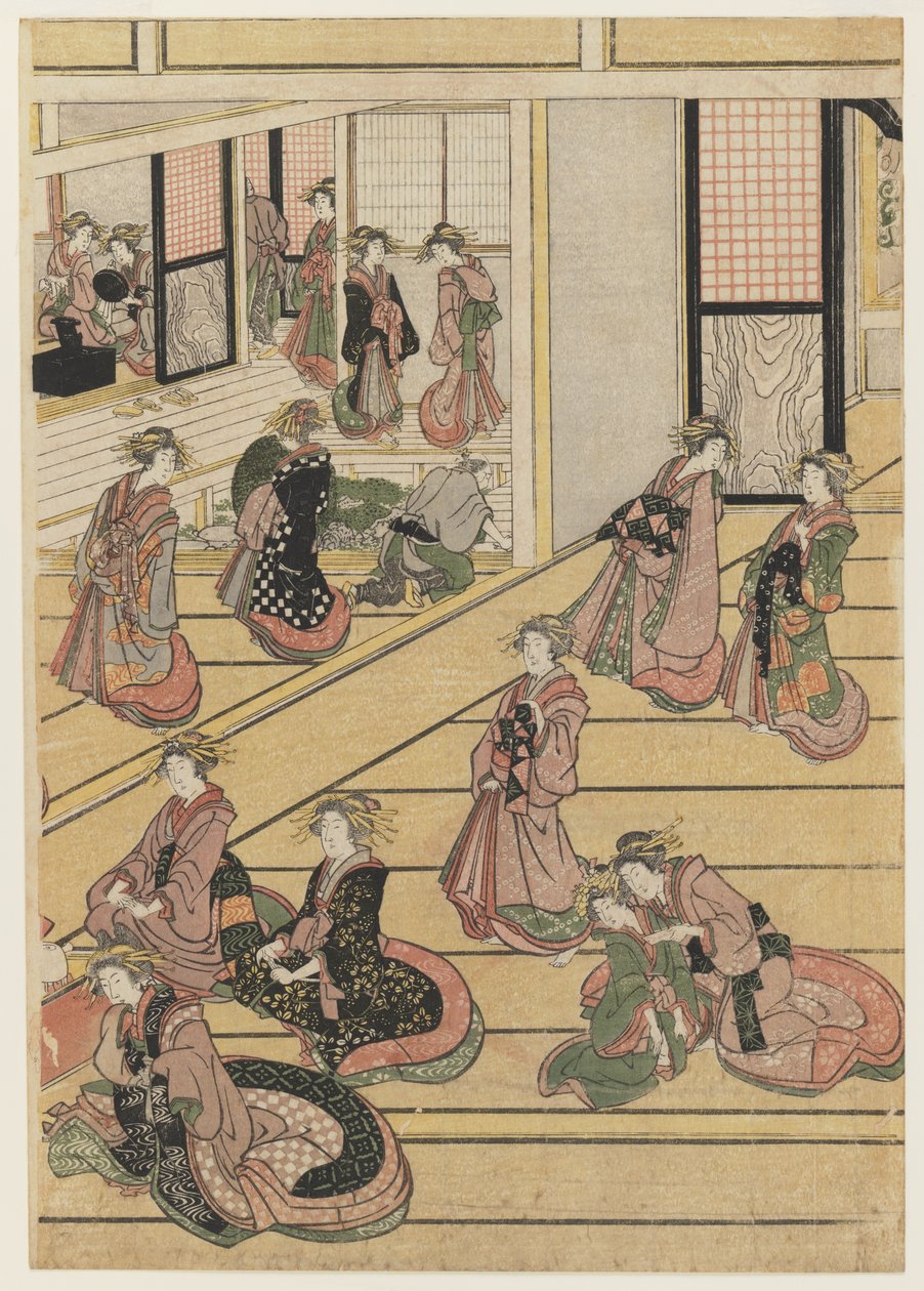 Novoroční dny v čajovně Ogi-ya. c.1810 (barevný dřevořez) (set viz 277795-277797) od Katsushika Hokusai