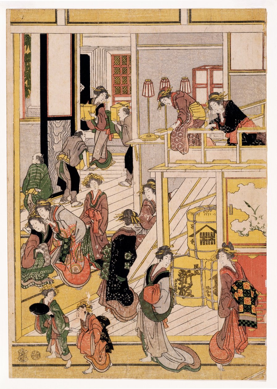Novoroční dny čajovny Ogi-ya, kolem 1810 (dřevěné tisky) (viz také 406534, 406535 & 406536) od Katsushika Hokusai