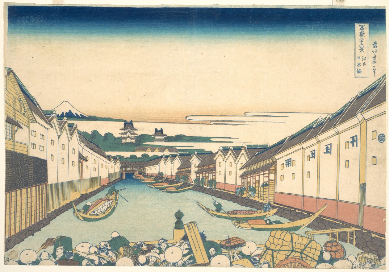 Nihonbaši v Edu (Edo Nihonbaši), ze série „Třicet šest pohledů na horu Fudži“ (Fugaku sanjūrokkei) od Katsushika Hokusai