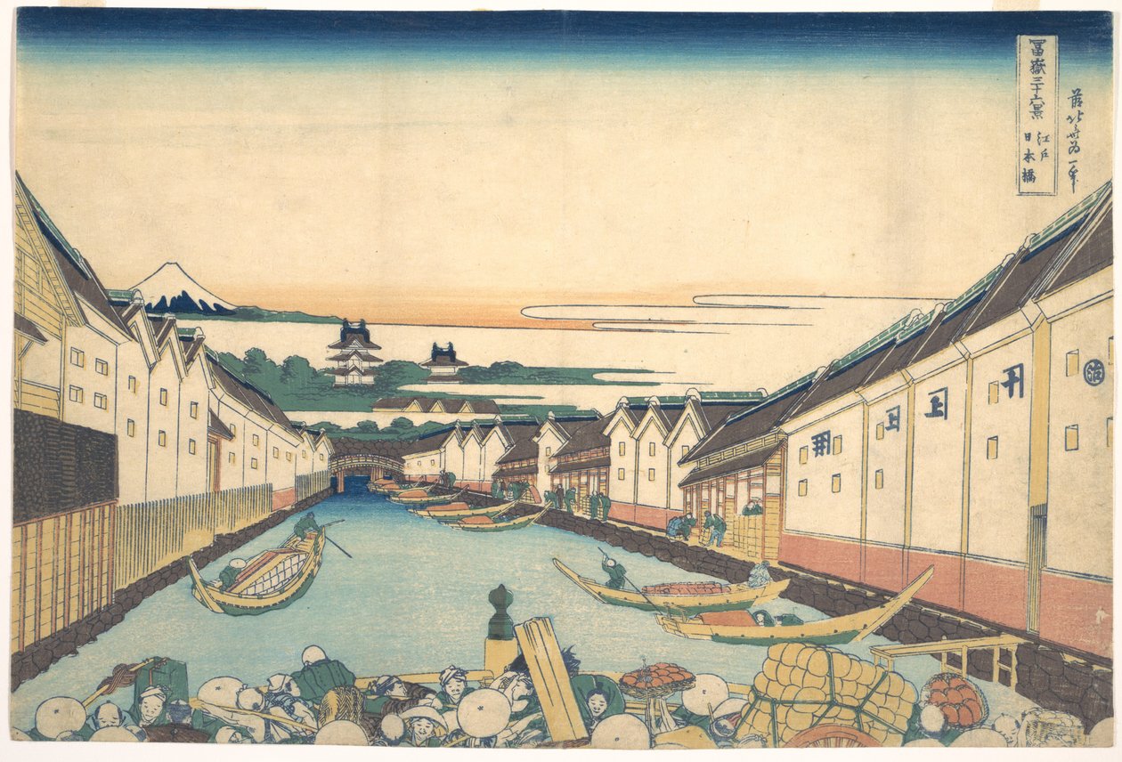Nihonbaši v Edu (Edo Nihonbaši), ze série „Třicet šest pohledů na horu Fudži“ (Fugaku sanjūrokkei) od Katsushika Hokusai