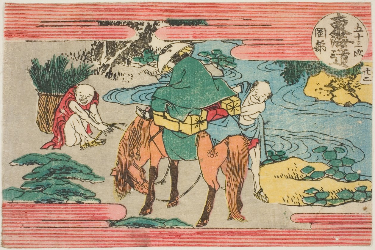 č. 22: Okabe, ze série "Padesát tři stanic Tokaidské silnice (Tokaido gojusan tsugi)" od Katsushika Hokusai