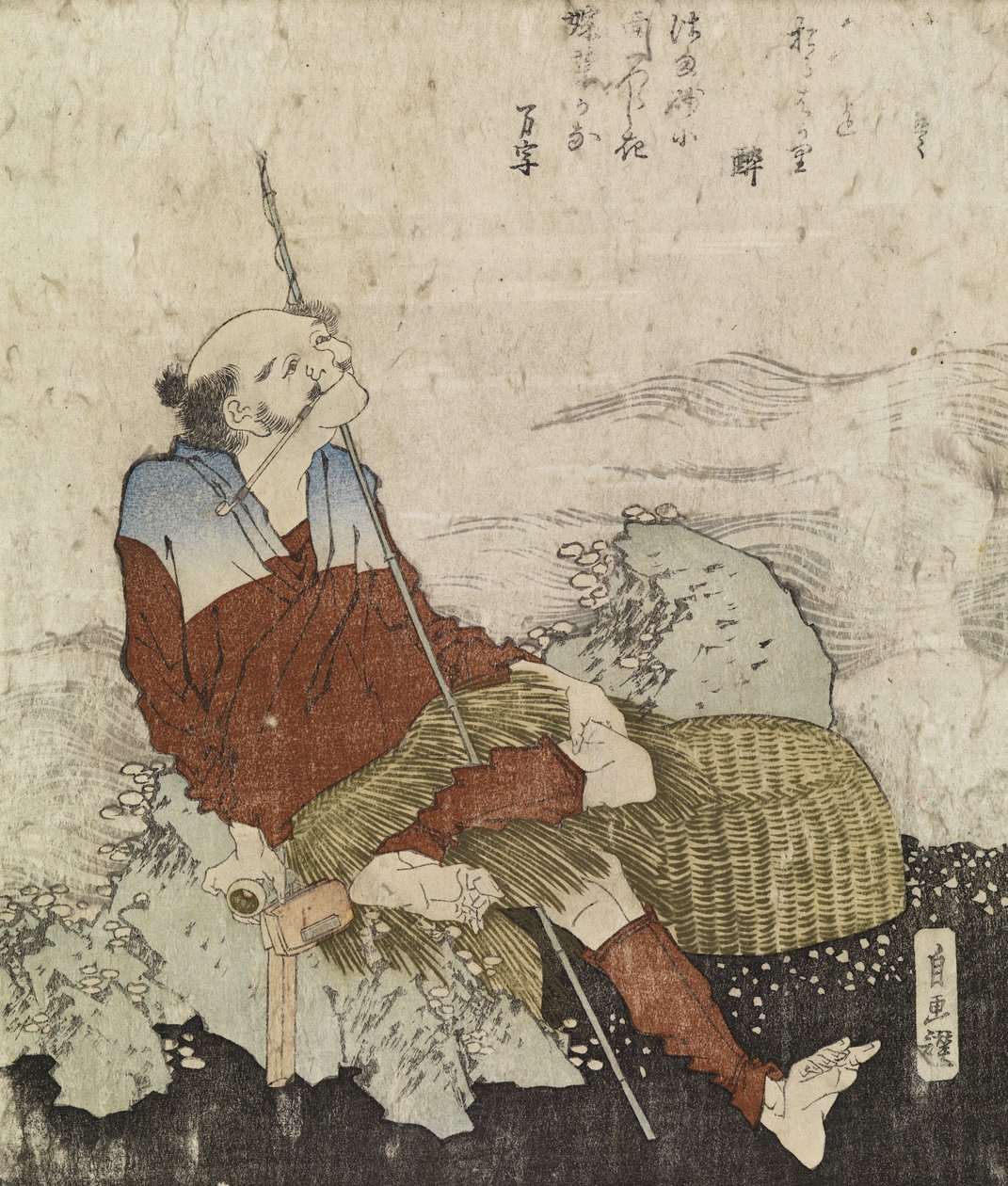 Starý rybář kouří dýmku, cca 1835 (barevný dřevořez) od Katsushika Hokusai