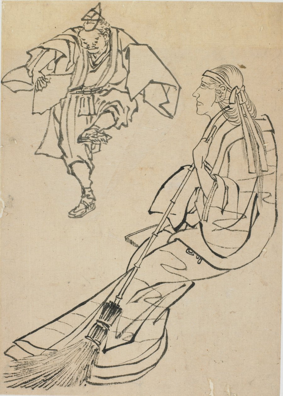 Stará žena sedící na lavičce, před kterou tančí muž s vějířem, konec 18.-začátek 19. století. od Katsushika Hokusai