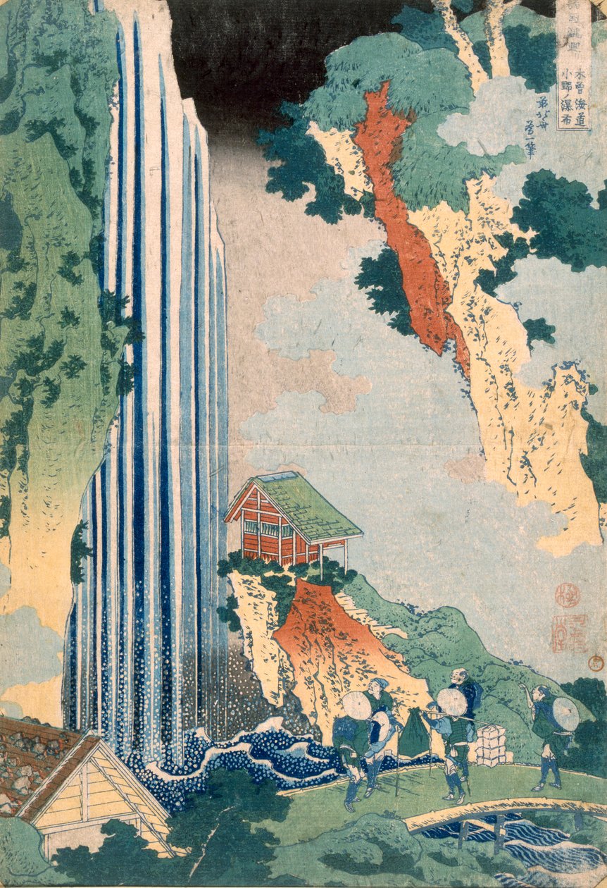 Vodopád Ona na řece Kisokaido, 1827 (barevný dřevoryt) od Katsushika Hokusai