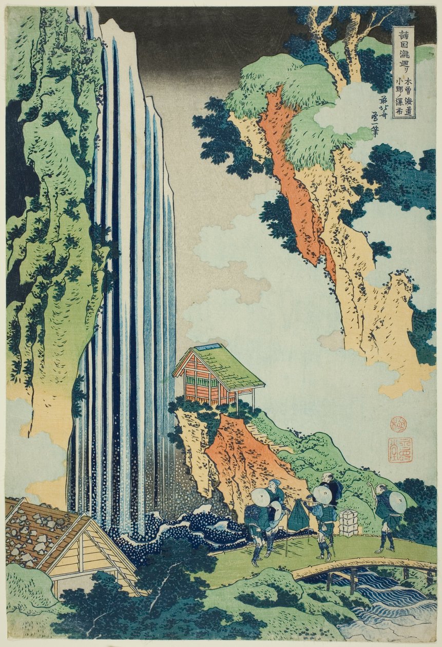 Ono Falls on the Kisokaidō Road (Kisokaidō Ono no bakufu), ze série Prohlídka vodopádů v různých provinciích (Shokoku taki meguri) od Katsushika Hokusai
