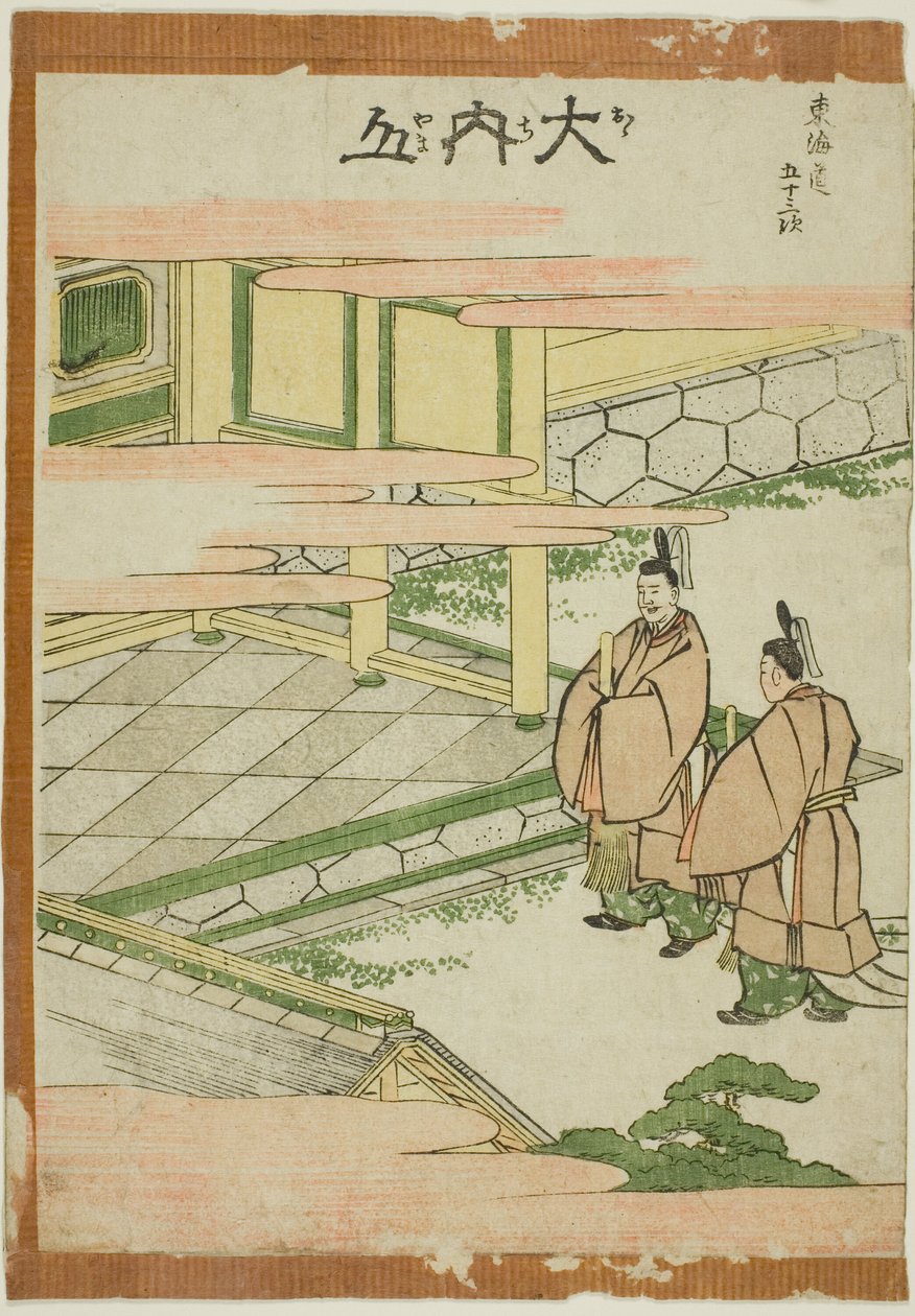 Ouchiyama, ze série „Padesát tři stanic Tokaida (Tokaido gojusan tsugi)“ od Katsushika Hokusai