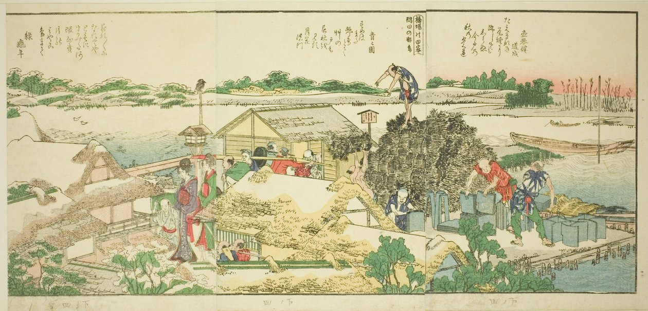 Stránky z ilustrované knihy „Panoramatické výhledy podél břehů řeky Sumida (Ehon Sumidagawa ryogan ichiran)“ od Katsushika Hokusai