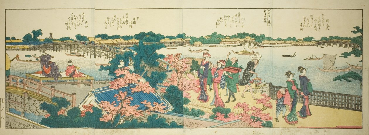 Stránky z ilustrované knihy „Panoramatické výhledy podél břehů řeky Sumida (Ehon Sumidagawa ryogan ichiran)“ od Katsushika Hokusai