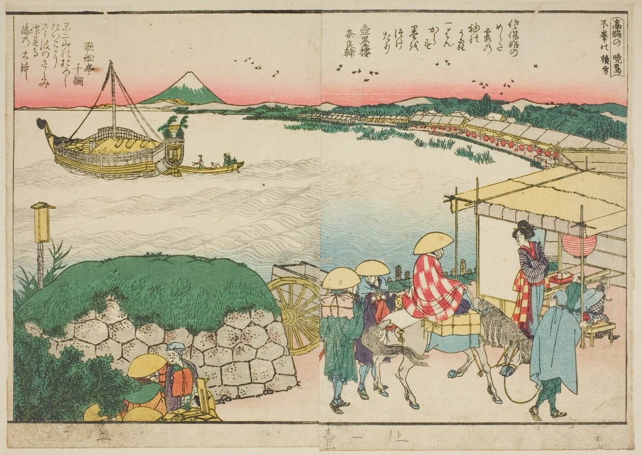 Stránky z ilustrované knihy „Panoramatické výhledy podél břehů řeky Sumida (Ehon Sumidagawa ryogan ichiran)“ od Katsushika Hokusai