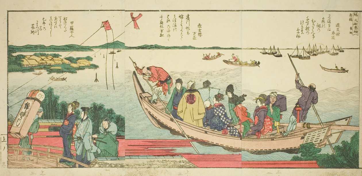 Stránky z ilustrované knihy „Panoramatické výhledy podél břehů řeky Sumida (Ehon Sumidagawa ryogan ichiran)“ od Katsushika Hokusai
