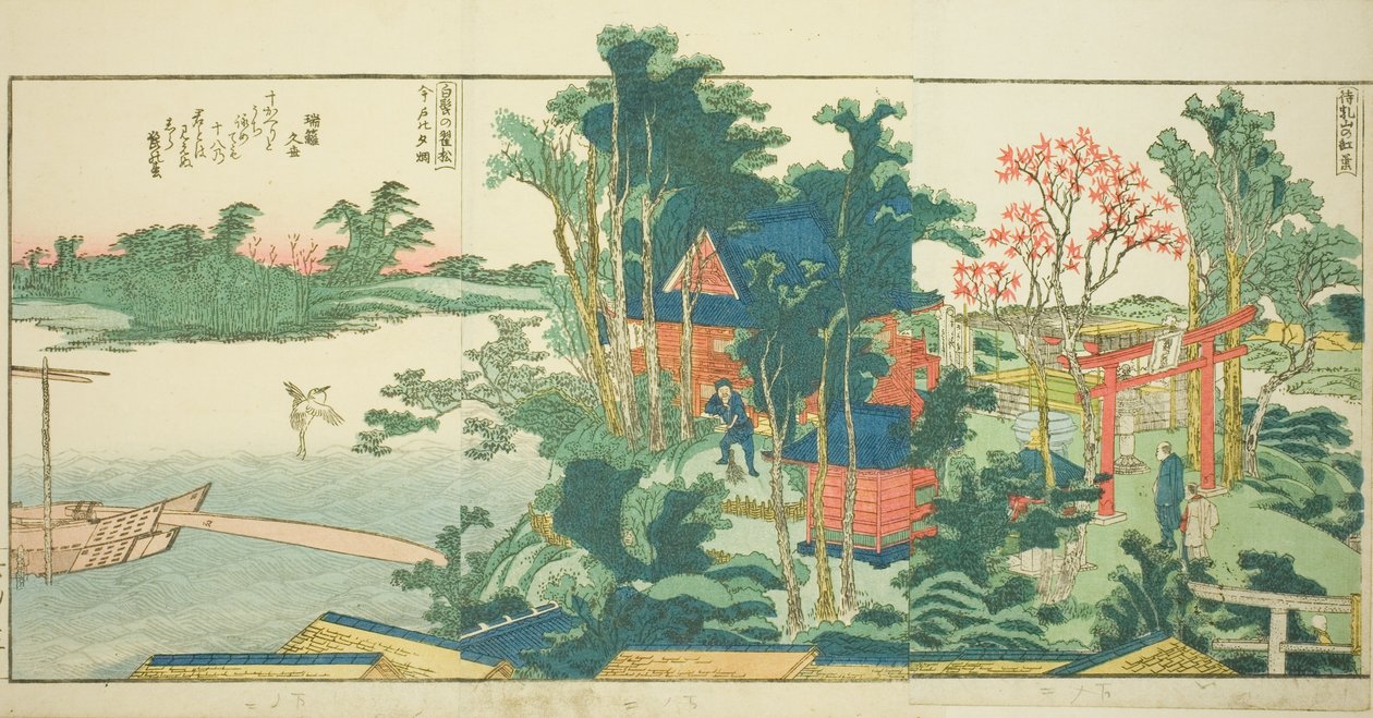 Stránky z ilustrované knihy „Panoramatické výhledy podél břehů řeky Sumida (Ehon Sumidagawa ryogan ichiran)“ od Katsushika Hokusai