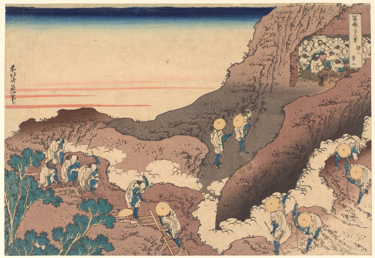 Poutníci stoupající na vrchol, ze série „Třicet šest pohledů na horu Fudži“ od Katsushika Hokusai