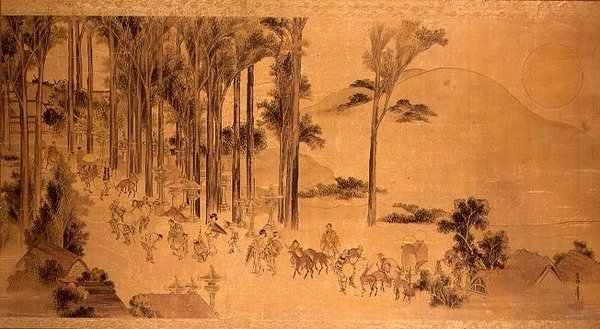 Poutníci ve svatyni Kasuga (malba na hedvábí) od Katsushika Hokusai