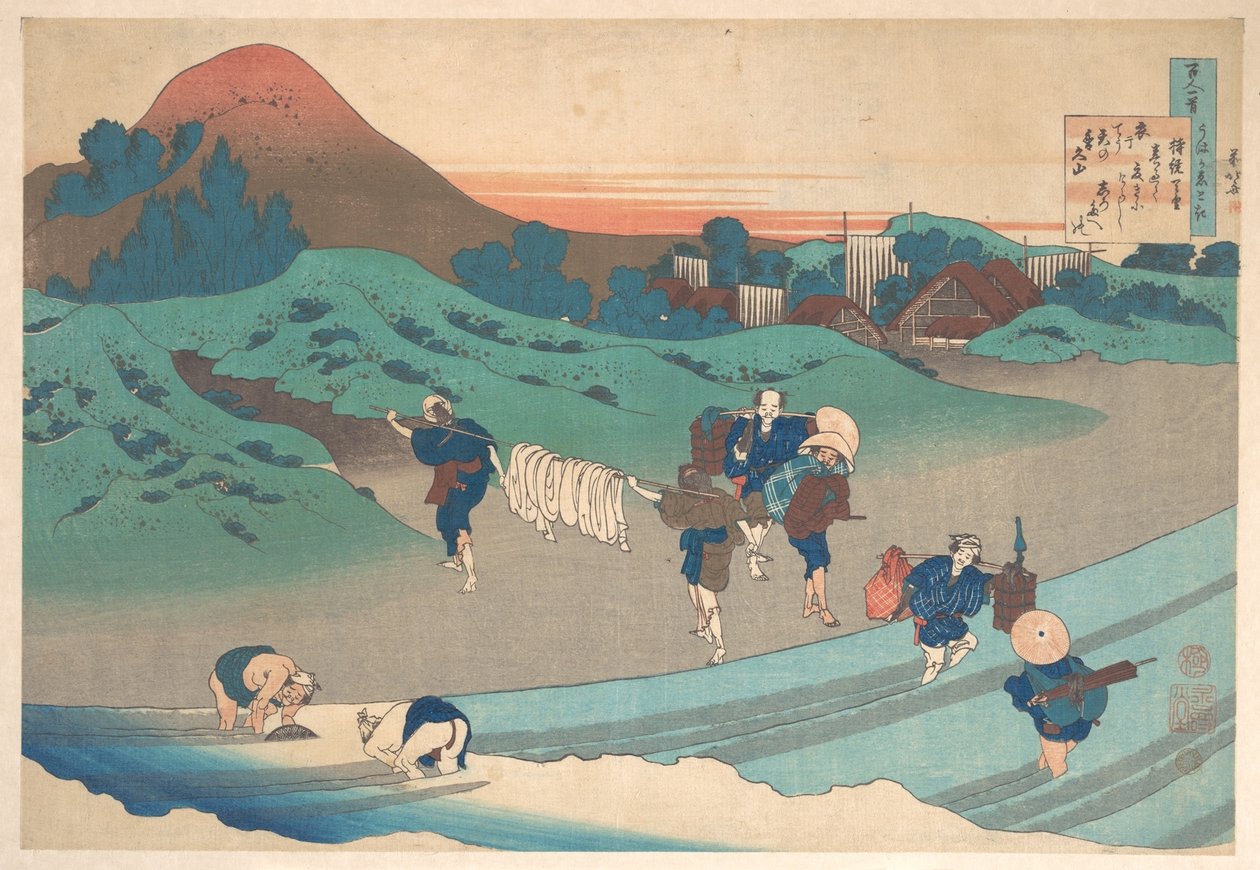 Báseň císařovny Jitō (Jitō Tenno) ze sbírky „Sto básní s výkladem chůvy“ (Hyakunin isshu uba ga etoki) od Katsushika Hokusai