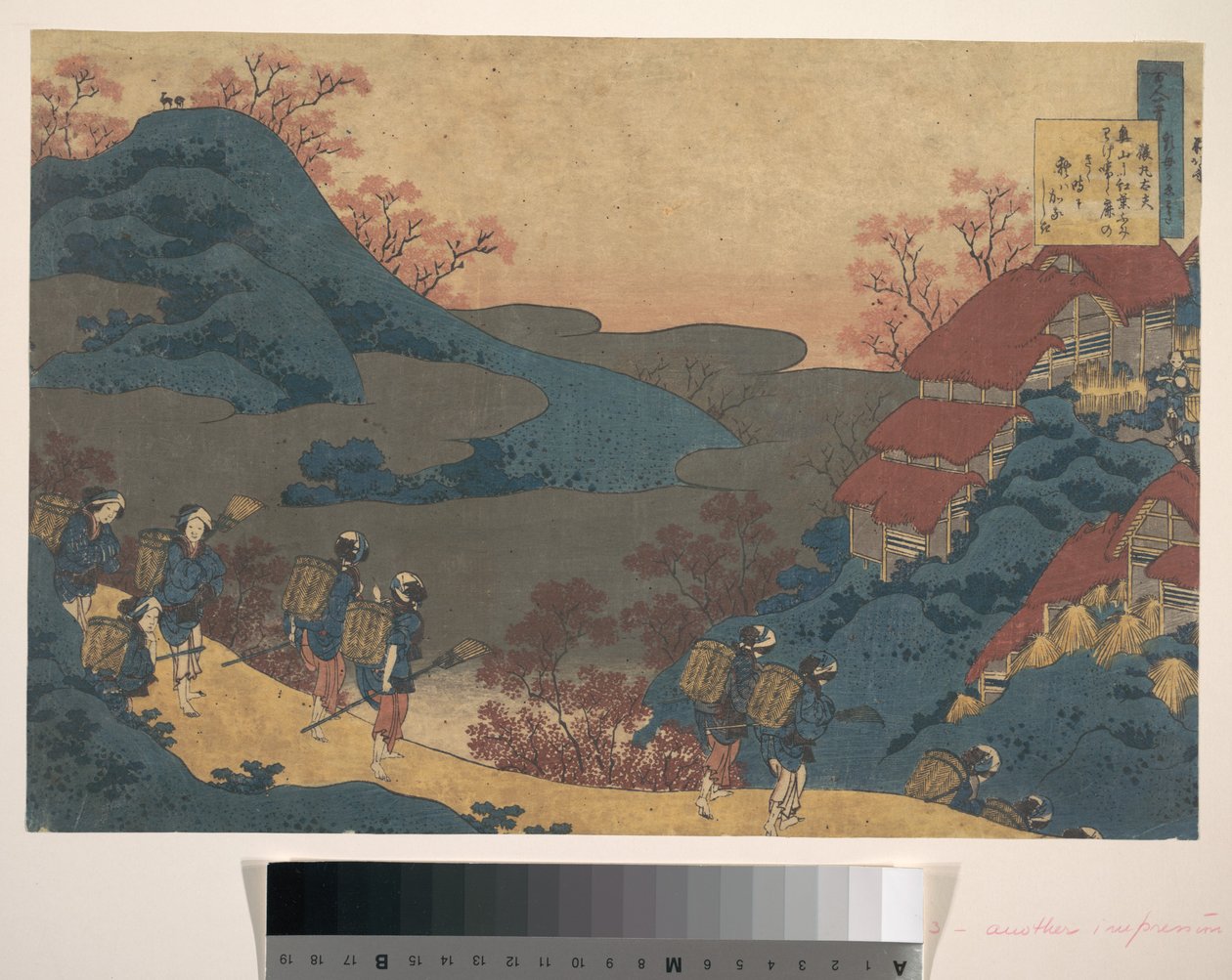 Báseň od Sarumaru Dayū, ze sbírky „Sto básní, které vysvětluje chůva“ (Hyakunin isshu uba ga etoki) od Katsushika Hokusai