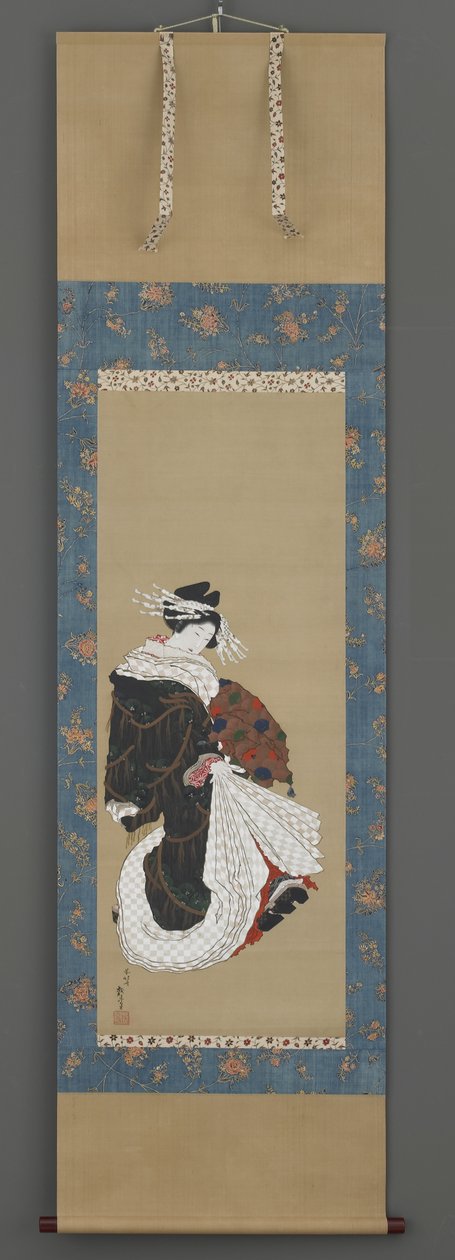 Portrét kráčející kurtizány, cca 1815-19 (inkoust, barva a zlato na hedvábí) od Katsushika Hokusai