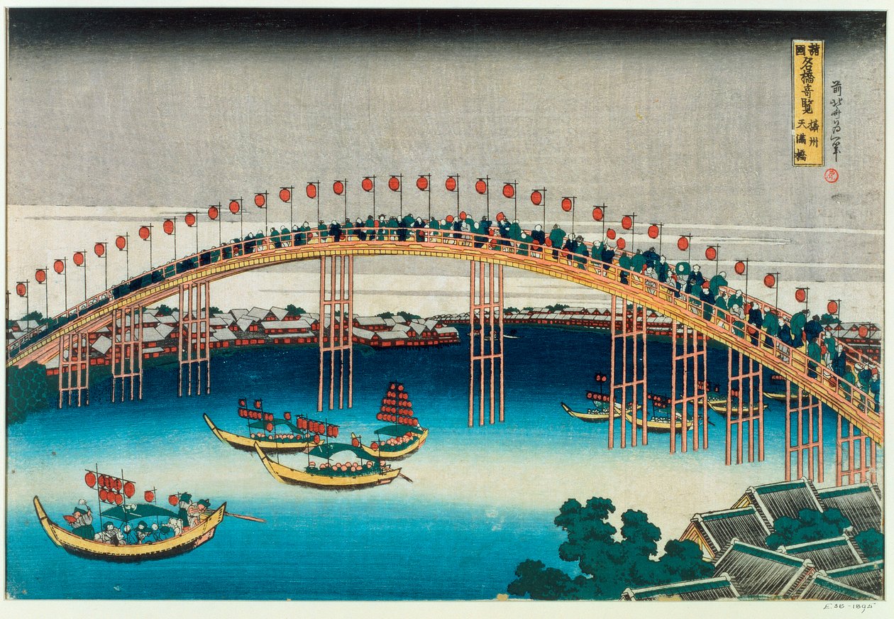 Procesí přes most (barevný dřevoryt) od Katsushika Hokusai