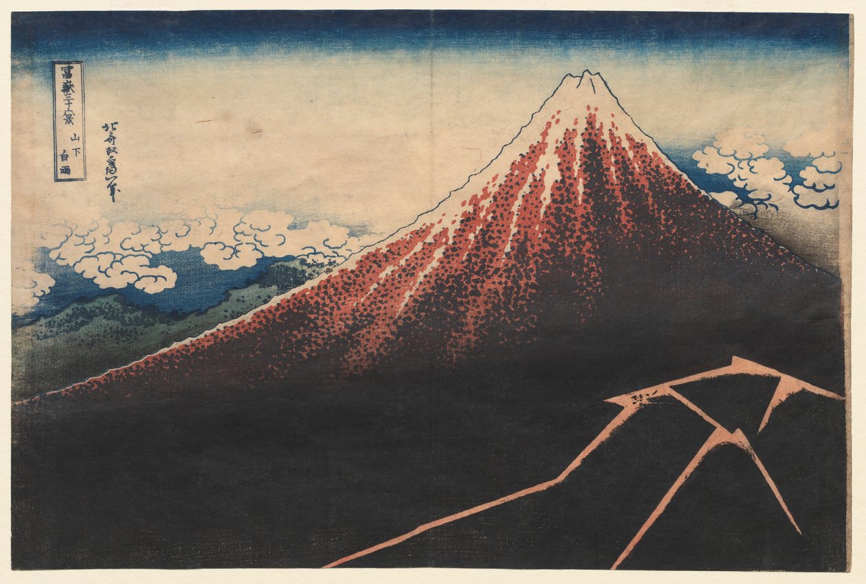 Déšť pod horou ze série Třicet šest pohledů na horu Fuji, počátek 30. let 19. století. od Katsushika Hokusai