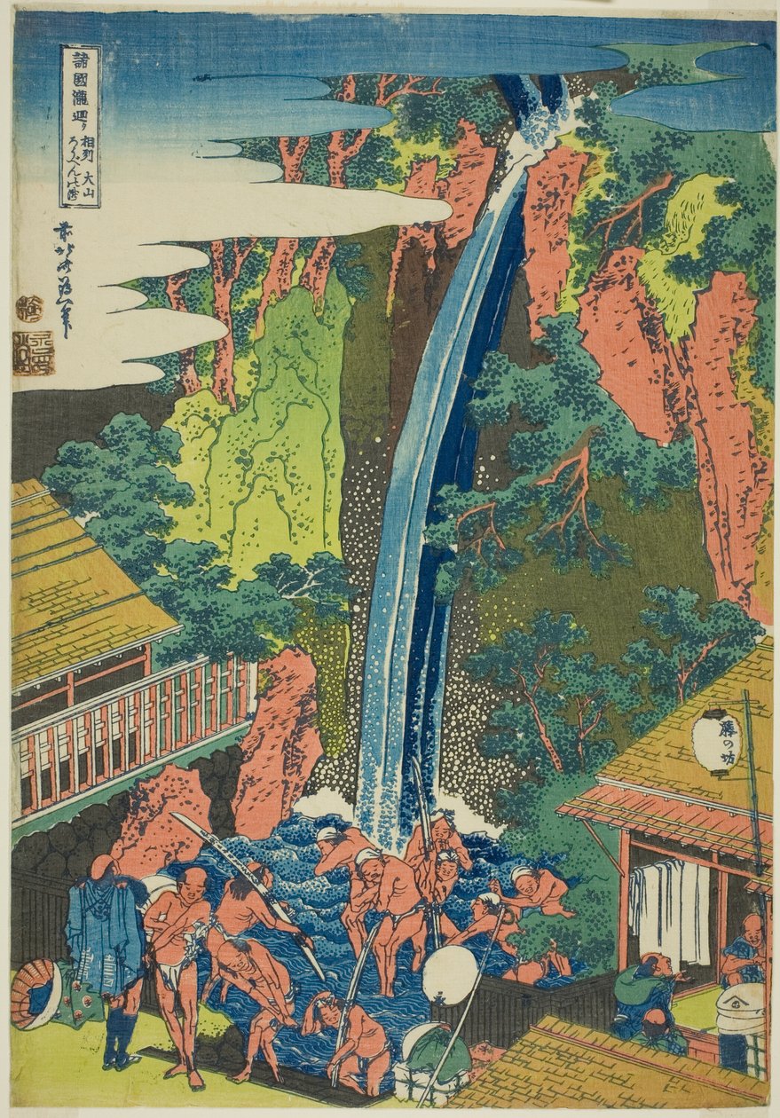 Roben Falls u Oyama v provincii Sagami (Soshu Oyama Roben no taki), ze série „Prohlídka vodopádů v různých provinciích (Shokoku taki meguri)“ od Katsushika Hokusai
