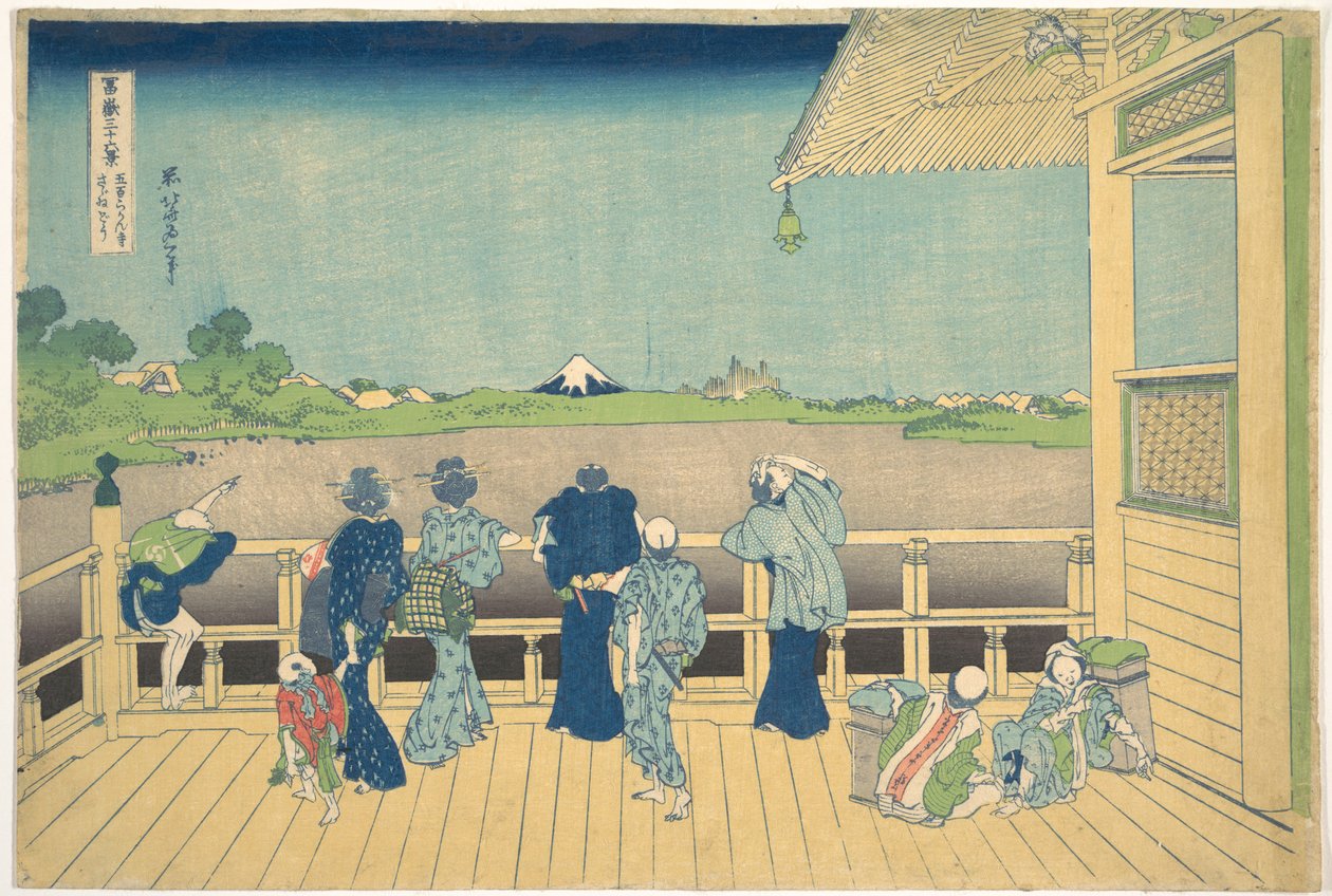 Sál Sazai v Chrámu pěti set arhatů (Gohyaku Rakanji Sazaidō), ze série „Třicet šest pohledů na horu Fudži“ (Fugaku sanjūrokkei) od Katsushika Hokusai