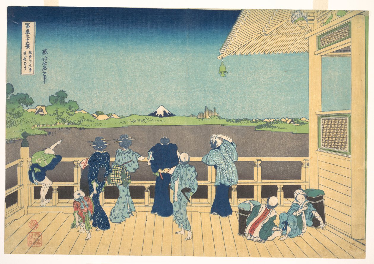 Sál Sazai v chrámu Pěti set arhatů (Gohyaku Rakanji Sazaidō) ze série „Třicet šest pohledů na horu Fuji“ (Fugaku sanjūrokkei) od Katsushika Hokusai