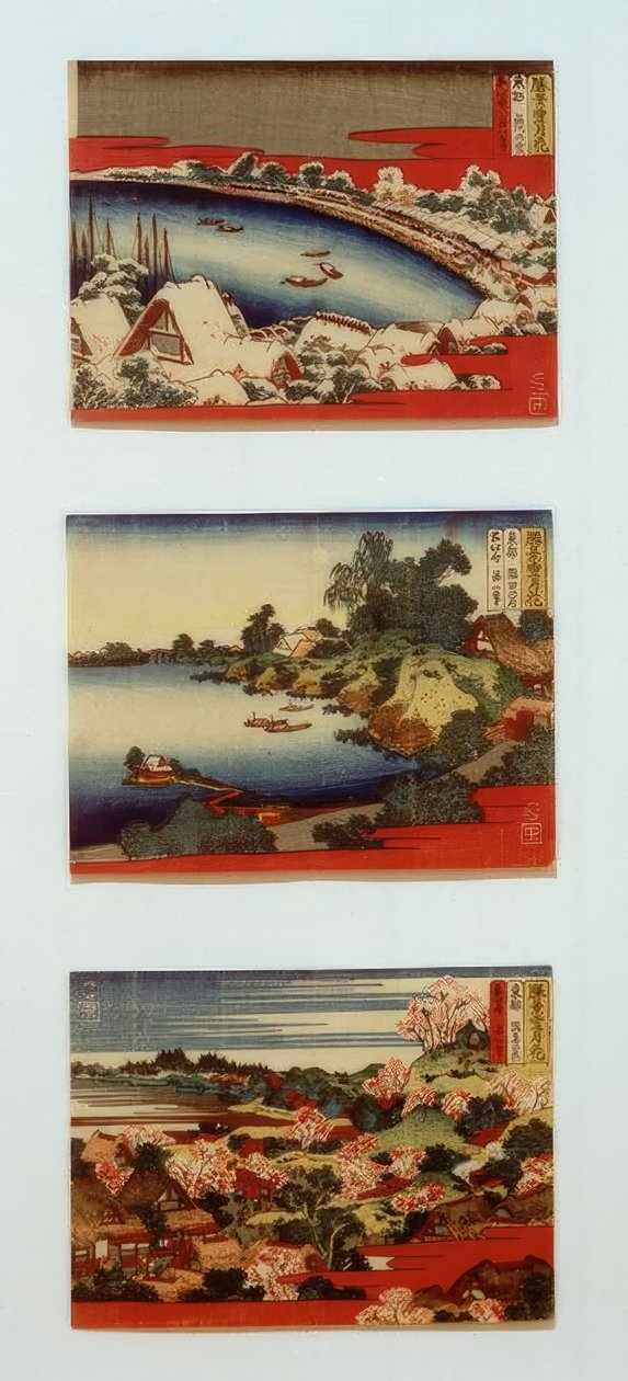 Sníh, měsíc a květiny v krásné krajině od Katsushika Hokusai