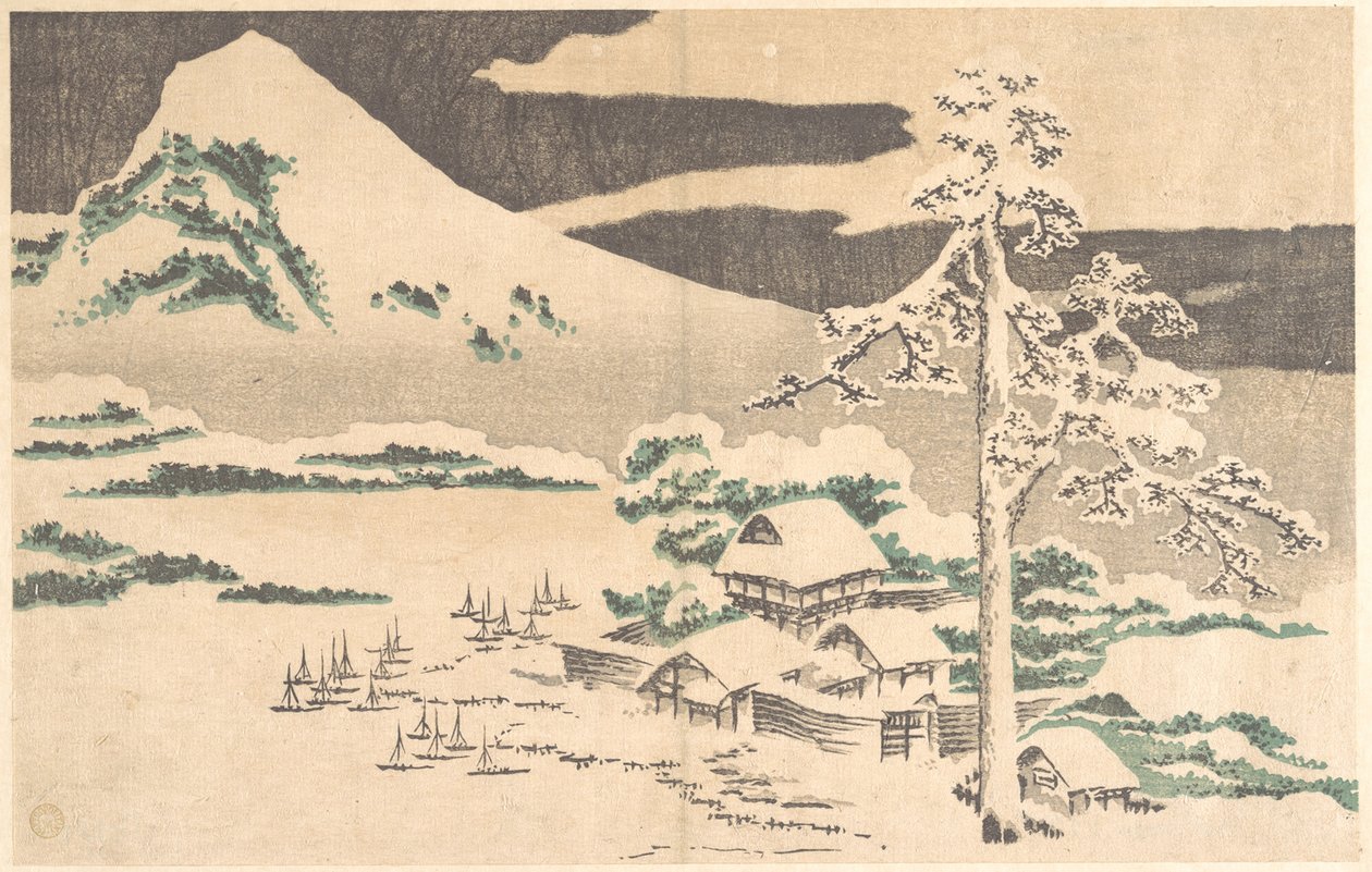 Pobřežní vesnice v zimě, z Hokusaieho „Alba realistických obrazů“ (Hokusai shashin gafu) od Katsushika Hokusai