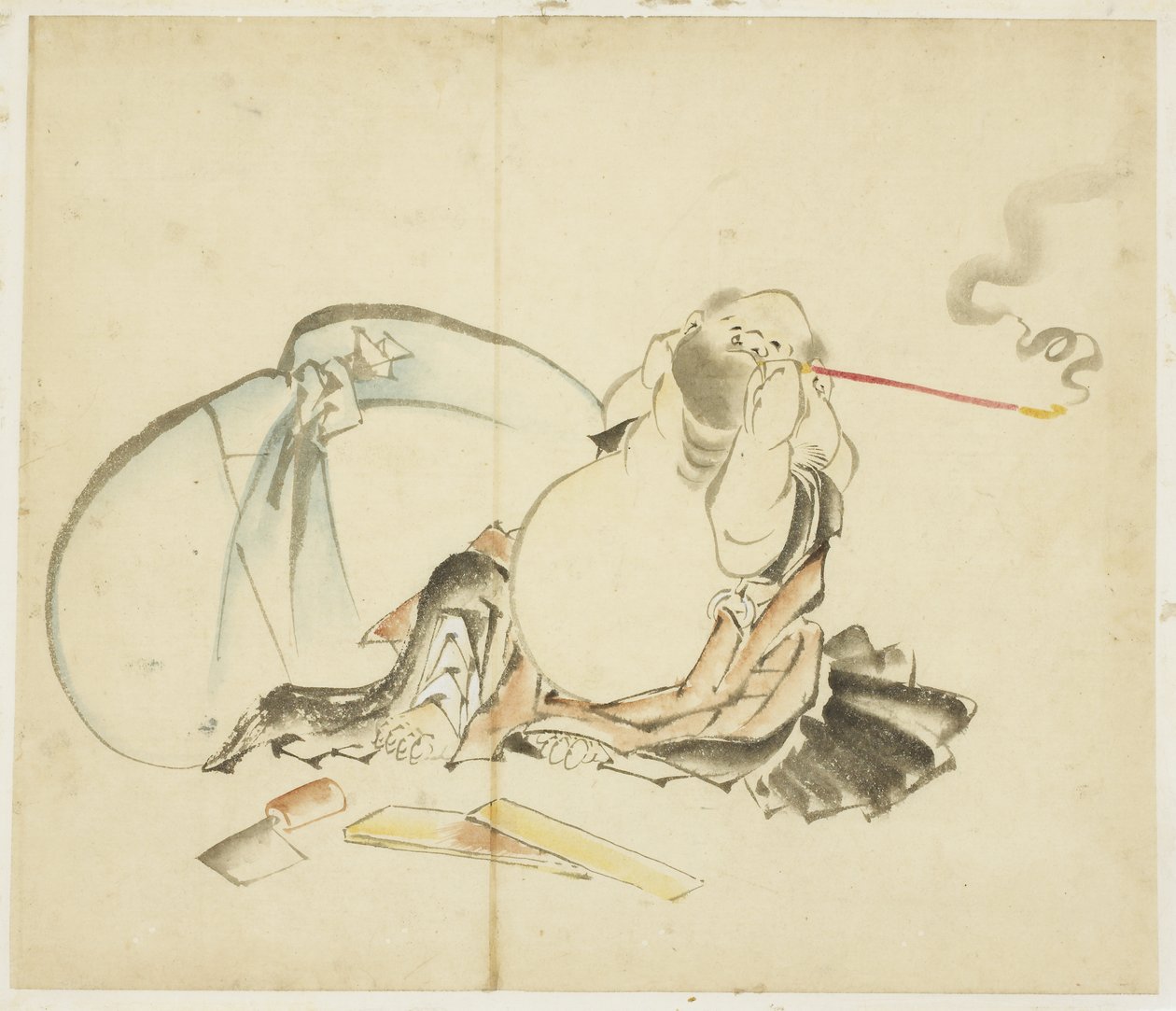 Sedící Hotei Smoking a Pipe, ca. 1815-1849 (inkoust a barva na papíře) od Katsushika Hokusai