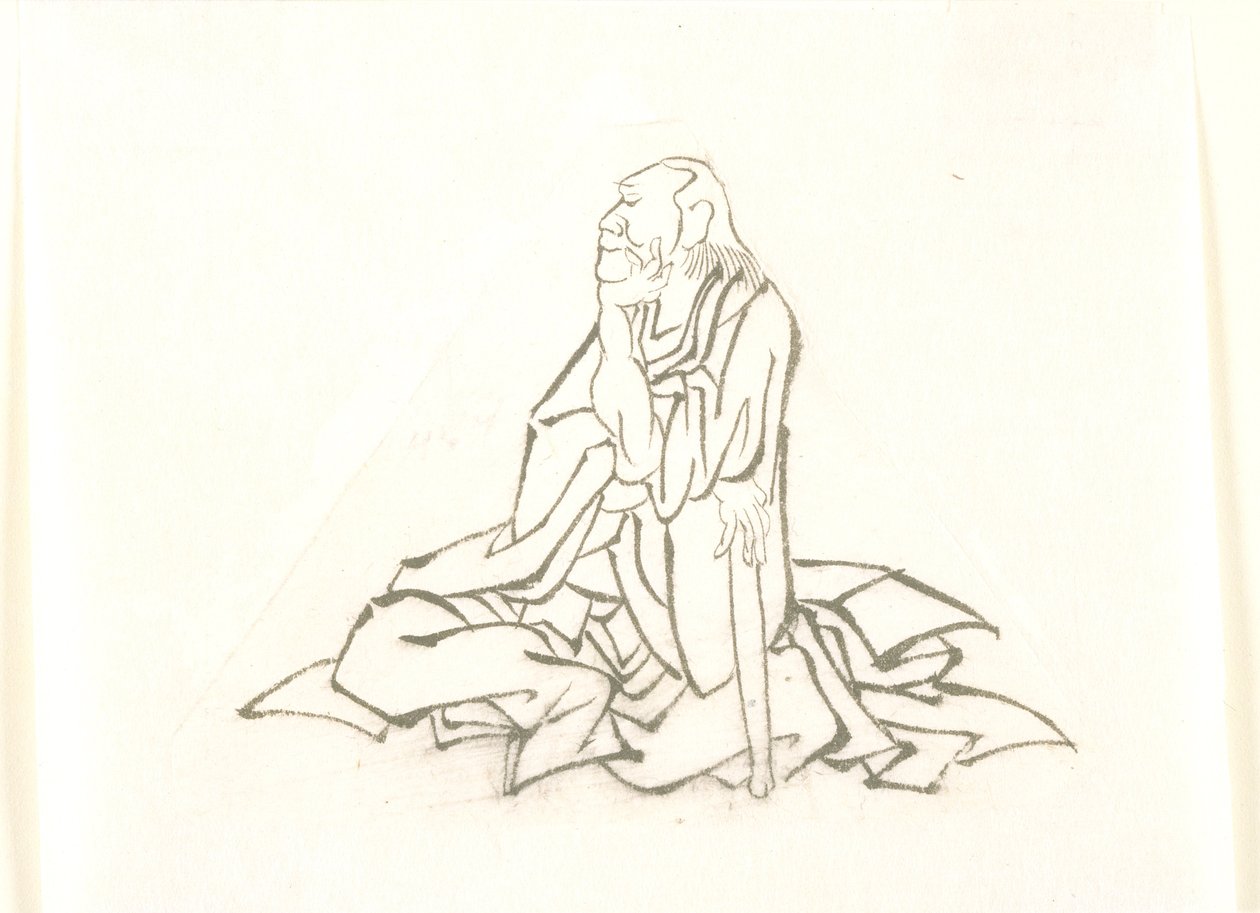 Sedící stařec opírající se o hůl od Katsushika Hokusai
