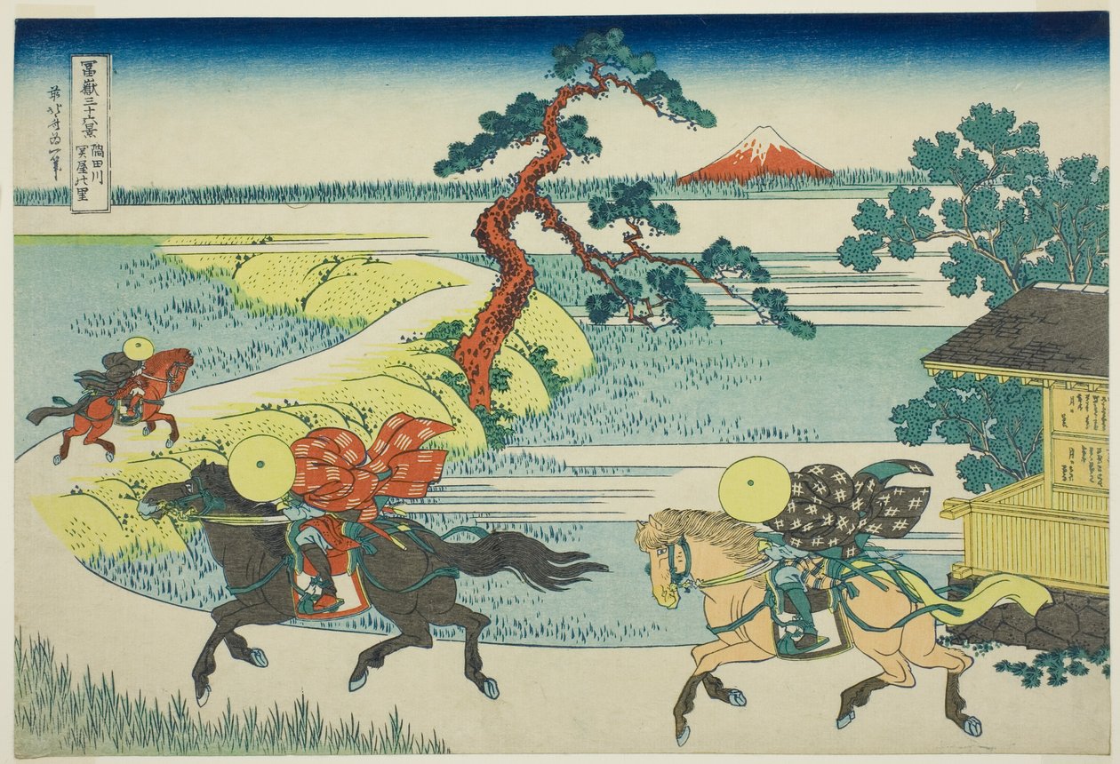 Vesnice Sekiya na řece Sumida (Sumidagawa Sekiya no sato), ze série Třicet šest pohledů na horu Fuji (Fugaku sanjūrokkei) od Katsushika Hokusai