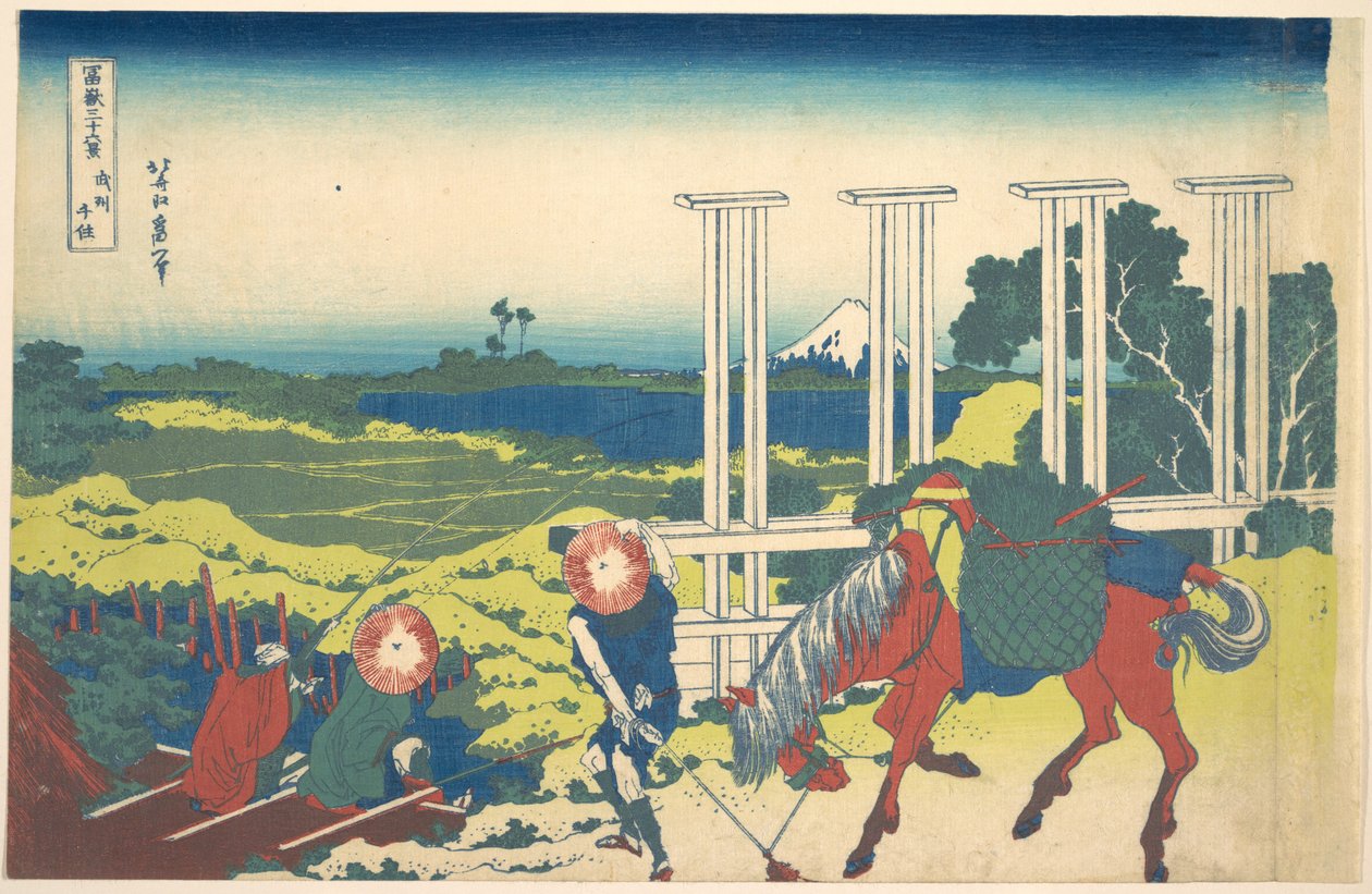 Senju v provincii Musashi (Bushū Senju), ze série „Třicet šest pohledů na horu Fuji“ (Fugaku sanjūrokkei) od Katsushika Hokusai