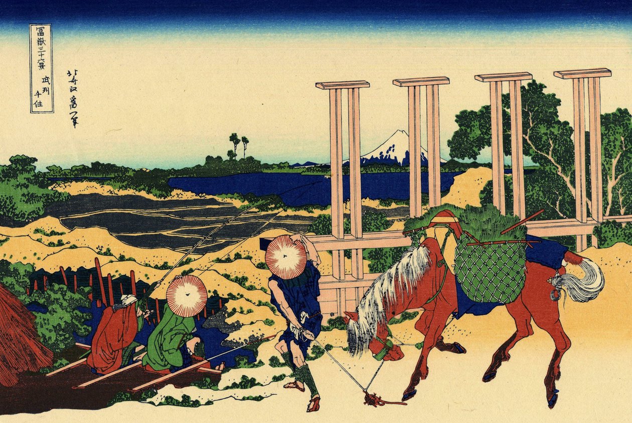 Senju v provincii Musachi, kolem roku 1830 (dřevořez) od Katsushika Hokusai