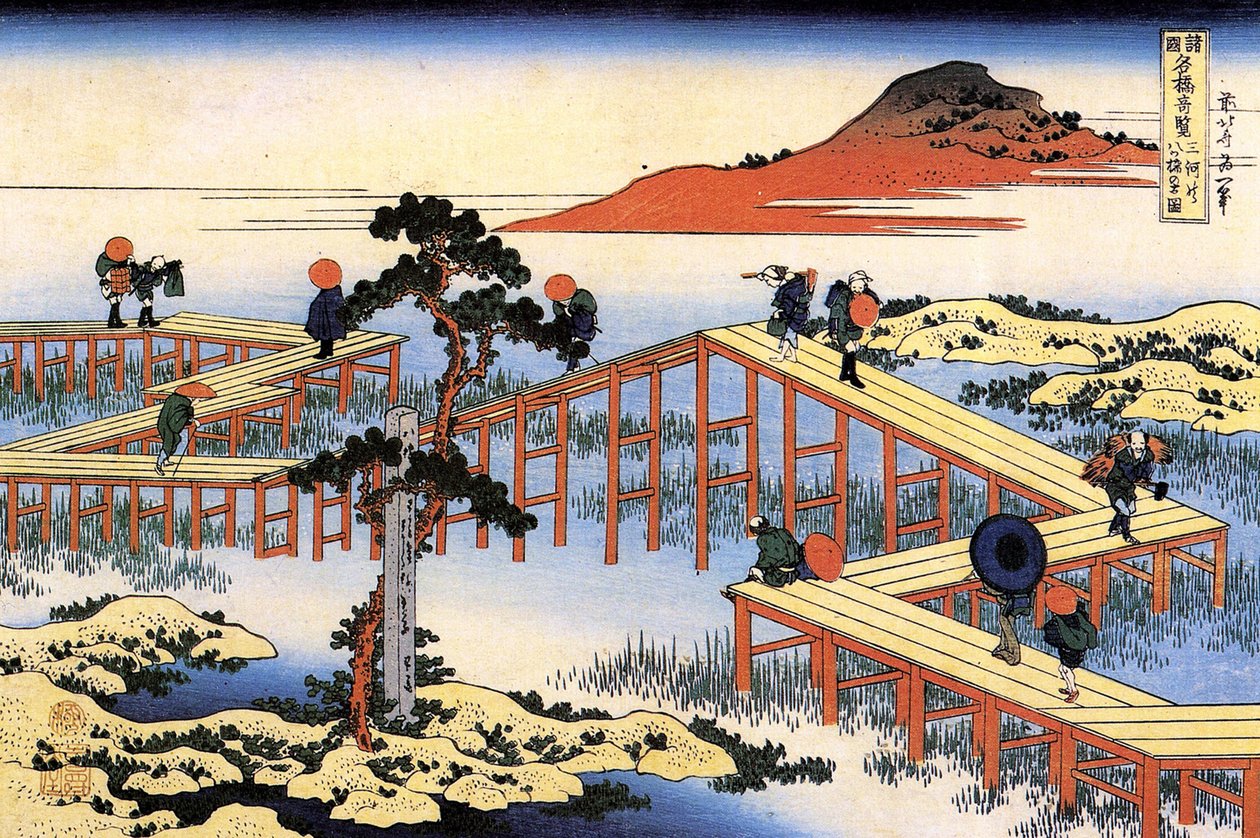 Série pozoruhodných pohledů na mosty z různých provincií: most Yatsuhashi v provincii Mikawa, Japonsko - tisk Katsushika Hokusai (1760-1849) (škola ukiyo-e) 1835 Státní Ermitáž Petrohrad Rusko od Katsushika Hokusai