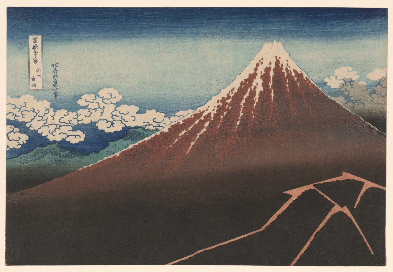 Sprcha pod vrcholem (Sanka hakuu), ze série „Třicet šest pohledů na horu Fuji (Fugaku sanjurokkei)“ od Katsushika Hokusai