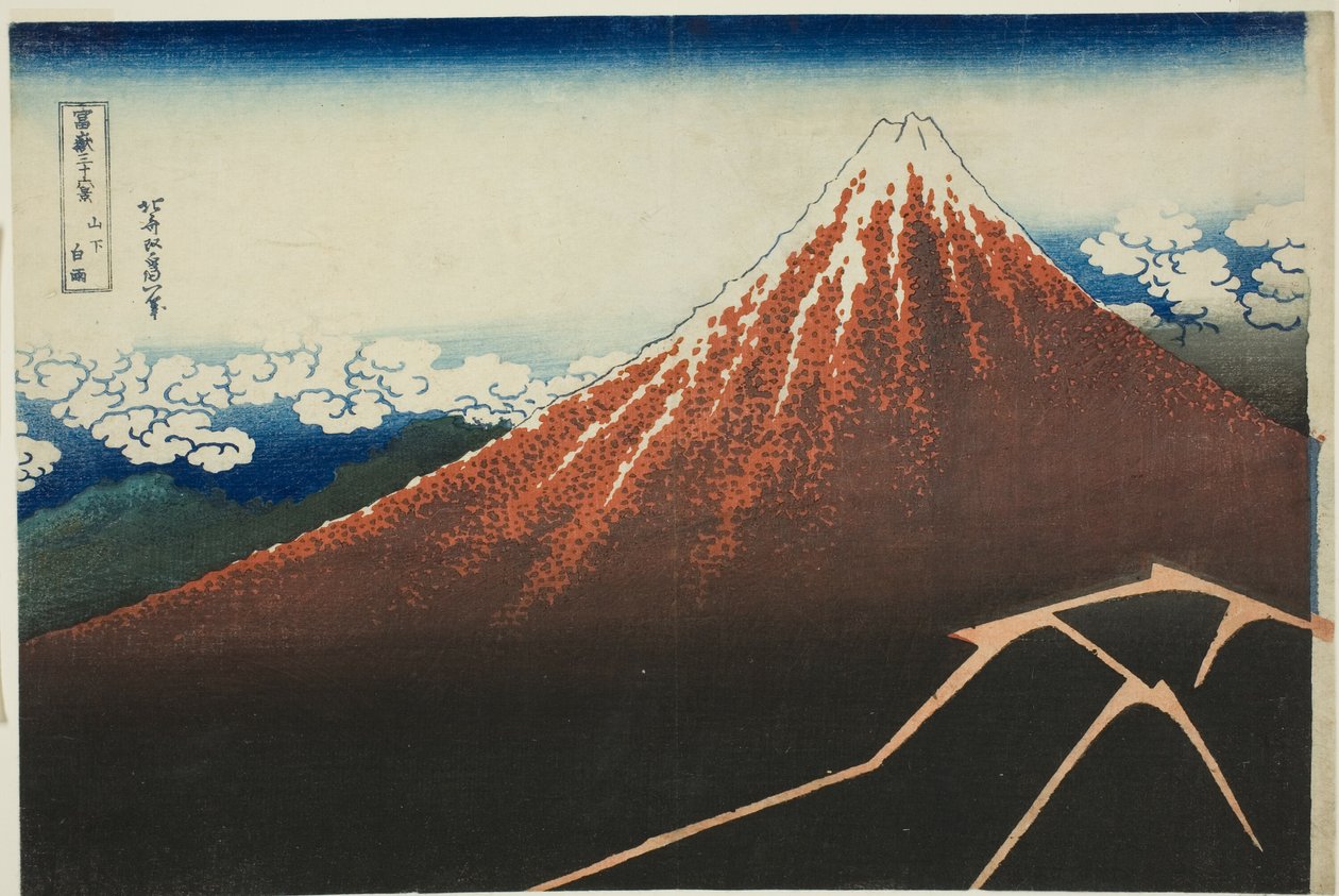 Sprcha pod vrcholem (Sanka hakuu), ze série „Třicet šest pohledů na horu Fuji (Fugaku sanjurokkei)“ od Katsushika Hokusai