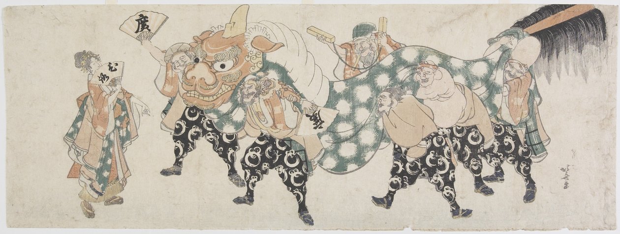 Šest mužských bohů hrajících lví tanec, 1797-1819 (barevný dřevořez) od Katsushika Hokusai