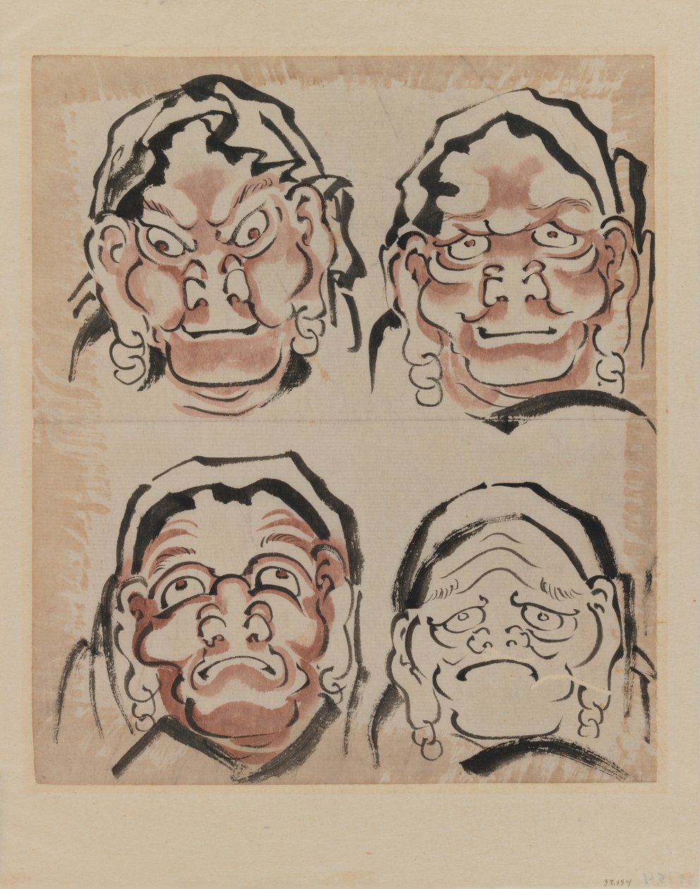 Náčrt čtyř tváří (inkoust na papíře) od Katsushika Hokusai