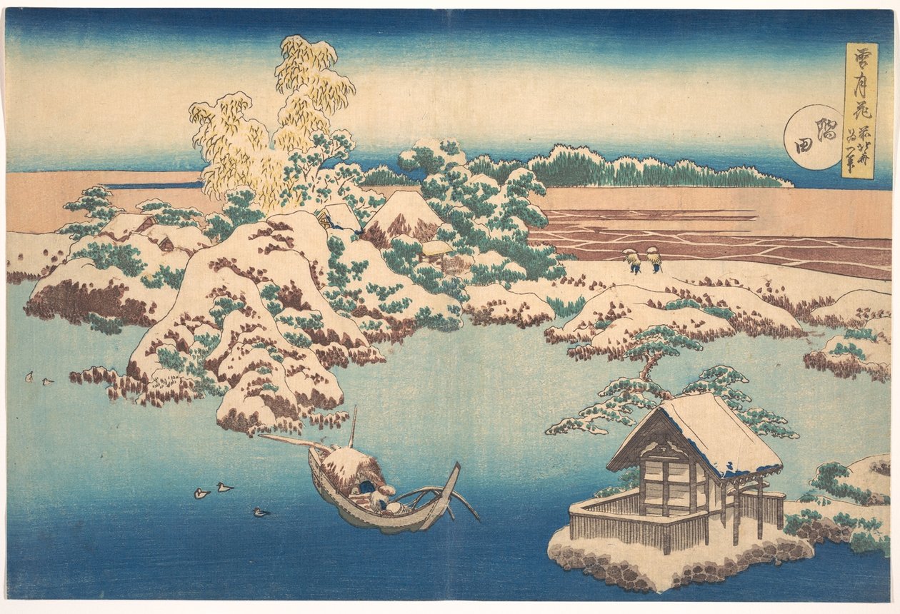 Sníh na řece Sumida, ze seriálu Sníh, měsíc a květiny, pub.1833 od Katsushika Hokusai