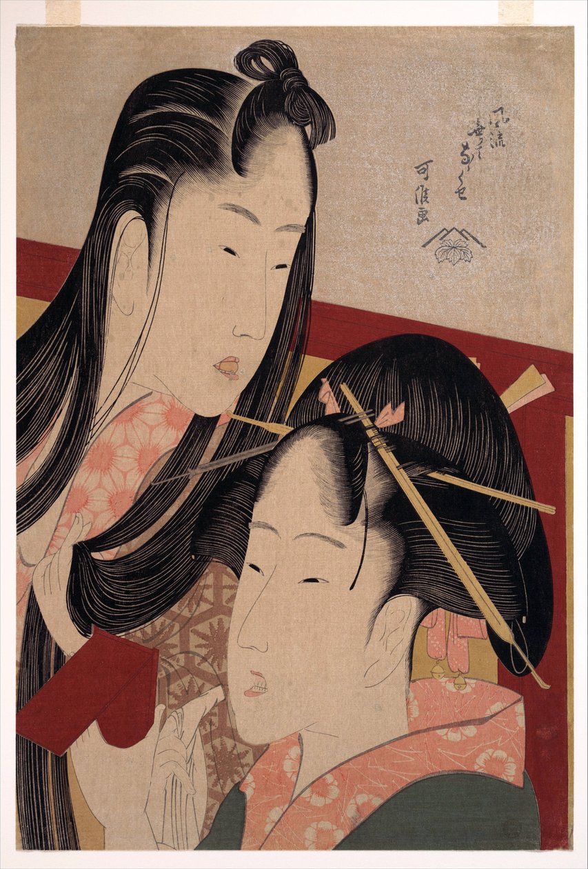 Squeaking a Ground Cherry, ze série Sedm módních zbytečných návyků - Hokusai, Katsushika (1760-1849) - c. 1798 - Barevný dřevoryt - 36,4x24,8 - Soukromá sbírka od Katsushika Hokusai
