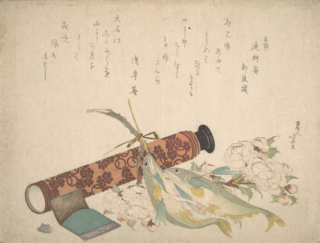 Still Life: Double Cherry-Blossom Branch, Telescope, Sweet Fish, and Tissue Case, c..., ca. 1804-13. od Katsushika Hokusai